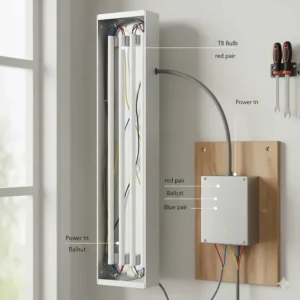 Diagram illustrating the wiring of an electronic ballast with a multi-bulb fluorescent grow lights fixture.