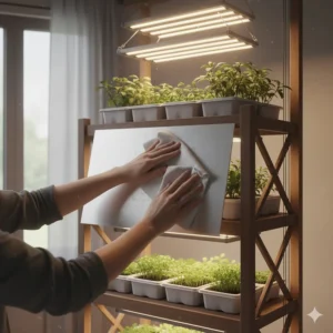 A gardener cleaning the reflective hood of a T5 grow light for maximum light output and plant health.