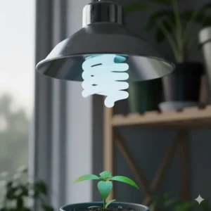 Image of a compact fluorescent lamp (CFL) used as a fluorescent grow light in a small reflective hood for supplemental light.