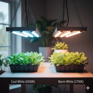 Side-by-side comparison showing the difference between cool white and warm white fluorescent grow lights color temperatures.
