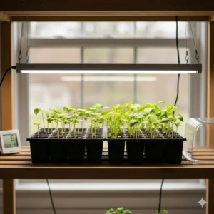 A flat of trays containing germinated seedlings positioned directly under a low-heat fluorescent grow light setup.