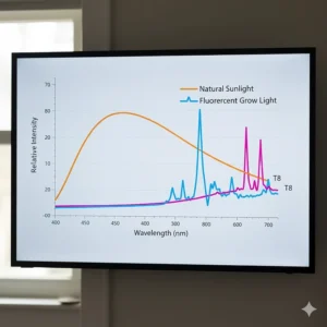 A spectral output chart comparing the light wavelengths emitted by a fluorescent grow light to natural sunlight, showing peaks in blue and red.