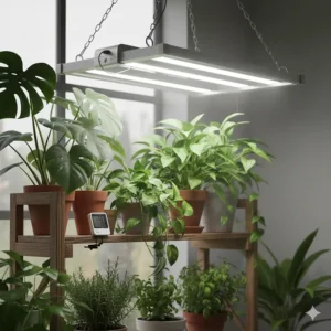 A lightweight fluorescent grow light fixture suspended by adjustable chains and s-hooks over mature indoor plants.