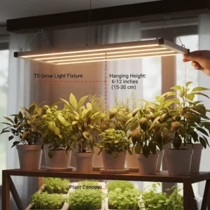 Diagram showing proper installation and hanging height of a T5 grow light fixture above a plant canopy.
