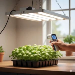 Gardener checking the temperature near the canopy of plants to demonstrate the low heat output of fluorescent grow lights.