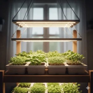 Seedlings and microgreens successfully starting growth under a low-heat T5 grow light system.