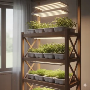 Multiple T5 grow lights stacked on a shelving unit for a compact vertical indoor garden setup.