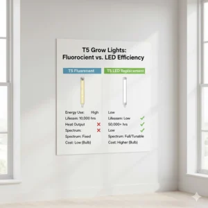 Chart comparing the energy efficiency and lifespan of T5 fluorescent tubes versus T5 LED grow light replacements.