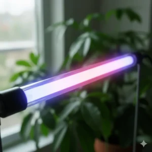 Close-up of a long, tubular T8 fluorescent grow light bulb, highlighting its spectral output for plant growth.