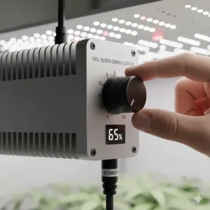 Close-up of the adjustable dimmer switch on a 4x4 LED grow light, used to control light output for different plant stages.