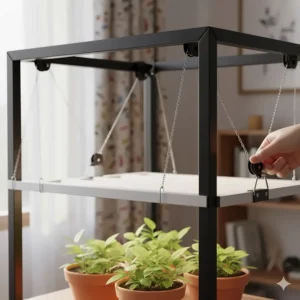 Close-up of a system for adjusting the height of a grow light stand, illustrating the chain or pulley mechanism above the plants.