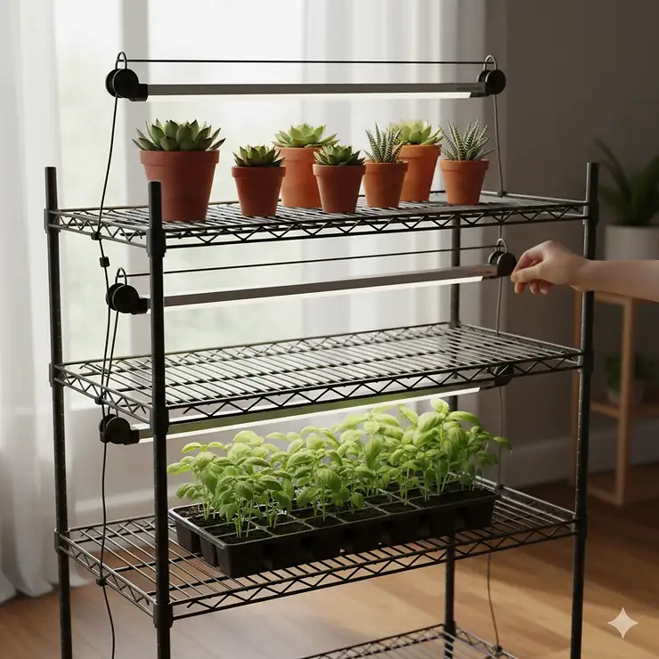 A view of an adjustable-height, wire-rack grow light shelf system demonstrating how to raise and lower the lights for optimal plant distance.