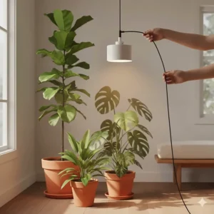Demonstrating the adjustable height feature of the modern pendant grow light over tall plants.