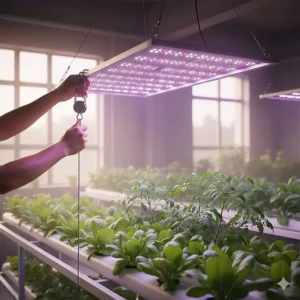 A person adjusting the height of a grow light above hydroponic plants to maintain the optimal distance for intense light coverage.