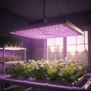 Close-up of a modern, full-spectrum LED grow light panel, ideal for indoor hydroponics systems.