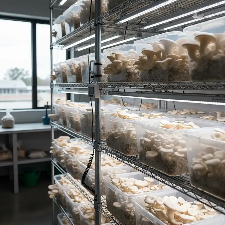 A professional indoor mushroom grow light setup with tiered shelving and several clusters of white oyster mushrooms growing under cool white LED fixtures.