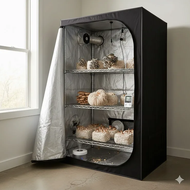 A fully set up, compact mushroom grow tent kit with shelves, ideal for home cultivation of gourmet fungi.