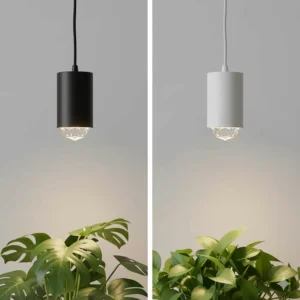 Comparing sleek black and white versions of the new pendant grow light for home use.