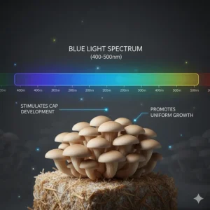 Graphic showing the blue light spectrum (400-500nm) and its importance for stimulating mushroom cap development and uniform growth.