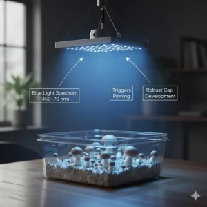 Illustration highlighting the blue light spectrum's role (450-470 nm) in triggering pinning and robust cap development during mushroom growth.