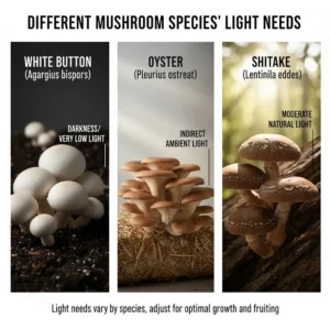 Three popular mushroom varieties—White Button, Oyster, and Shiitake—showing their differing light requirements to grow successfully.