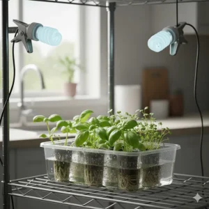 Compact Fluorescent Light (CFL) grow lights used in a small, starter hydroponics setup for herbs or microgreens.