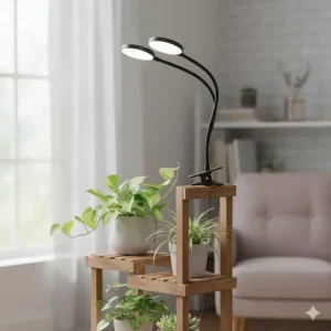 A versatile clip-on grow light attached to the edge of a shelf or a smaller plant stand to provide supplemental light.