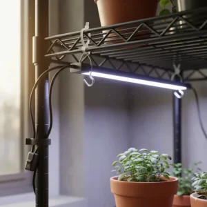 Detailed image showing a bar-style LED grow light securely mounted to the underside of a shelf using zip ties and S-hooks for plant lighting.