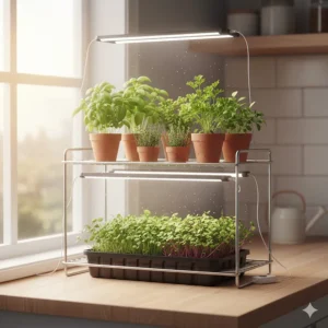 A small, compact two-tier tabletop grow light shelf unit ideal for apartments or small spaces, currently holding herbs and microgreens.