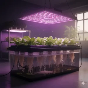 Overview of a Deep Water Culture (DWC) hydroponic system being efficiently illuminated by an overhead grow light.