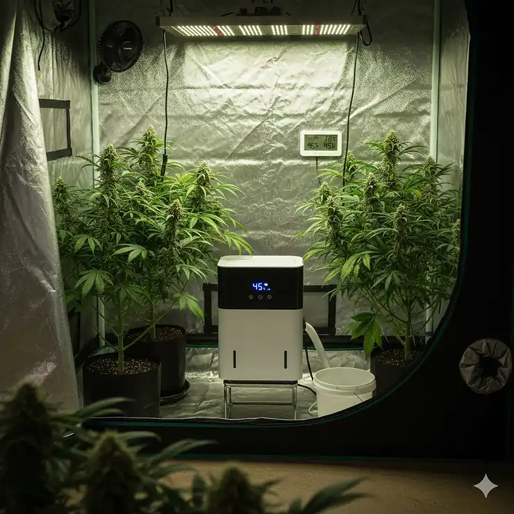Dehumidifier unit running inside a small indoor grow tent to control humidity and prevent mold on plants. dehumidifiers for grow tent