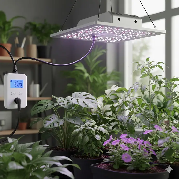 A close-up of a digital grow light timer plugged into an outlet, controlling an LED grow light hanging over lush indoor plants, demonstrating easy lighting automation for indoor gardening.