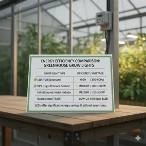A table or infographic comparing the wattage and energy efficiency of different types of greenhouse grow lights (e.g., LED vs. HPS).