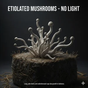 Deformed, long-stemmed, and pale oyster mushrooms growing in complete darkness, showing the effect of not having enough light to grow.