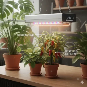 A small indoor pepper plant in its flowering stage, thriving under the intense light from the grow light heat light combo.