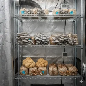 Rows of oyster and lion's mane mushroom fruiting blocks placed neatly on the heavy-duty shelves inside the grow tent.