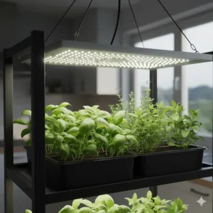 A panel of a full spectrum LED grow light emitting a natural white light over a tray of herbs on a stand.