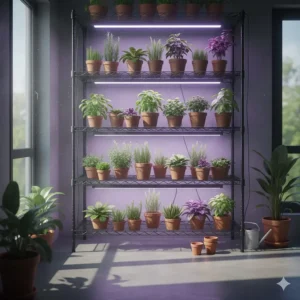 A bright indoor garden setup featuring a multi-level grow light shelf system utilizing modern full-spectrum LED lights for year-round gardening.
