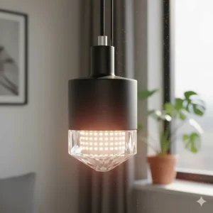 Close-up of a full-spectrum LED bulb in a stylish pendant grow light fixture.