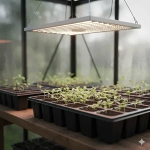 Trays of seedlings under low-intensity full-spectrum greenhouse grow lights for early-stage propagation.