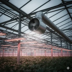 A detailed view of a ventilation system or fan used to manage the heat output from powerful grow lights inside an enclosed greenhouse.