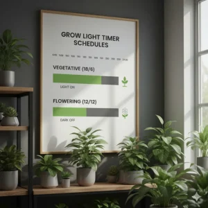Chart visually representing common grow light timer settings for plant photoperiods, such as 18/6 for vegetative growth and 12/12 for flowering, showing light and dark cycles.