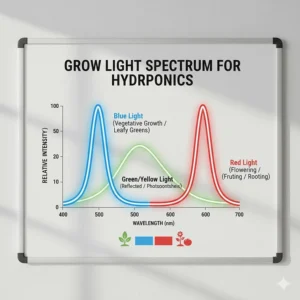 Diagram illustrating the optimal light spectrum (heavy on red and blue wavelengths) required by plants in a hydroponic system.