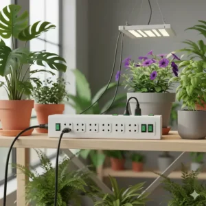 Image of a grow light timer or power strip featuring multiple grounded outlets, designed to manage the power for several grow lights simultaneously.