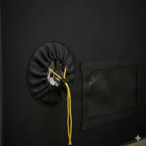 Close-up on the adjustable and tight-sealing ducting ports and air vents on a mushroom grow tent for controlled air exchange.