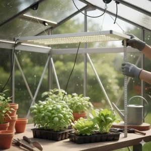 Image demonstrating the proper installation and hanging height of supplemental grow lights over plants in a home greenhouse.