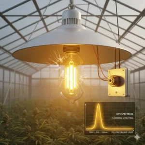 Diagram showing the components and intense yellow spectrum of High-Pressure Sodium (HPS) lights commonly used for flowering in a greenhouse.
