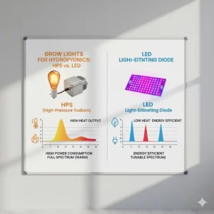 Comparison chart showing the differences in efficiency and heat output between HPS and LED grow lights for hydroponics.