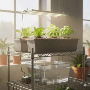 A hydroponic setup, including a reservoir and netting cups, placed directly on a plastic grow light shelf with the light positioned closely above.
