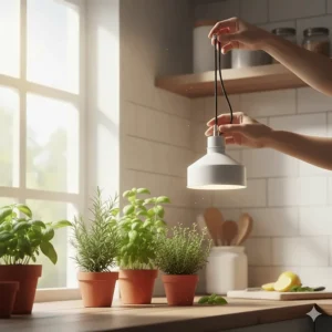 Easy installation of a pendant grow light hanging over a kitchen herb garden.